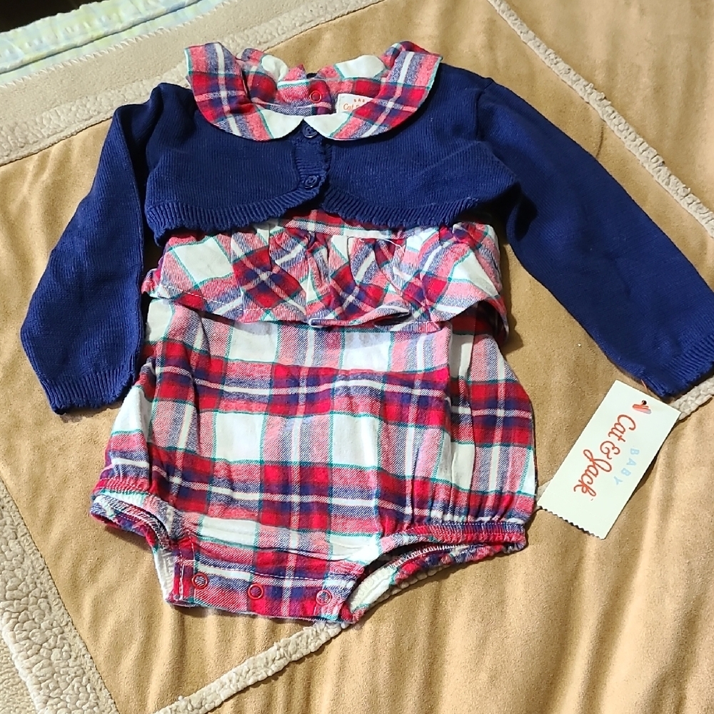 Plaid Baby Romper with Navy Cardigan